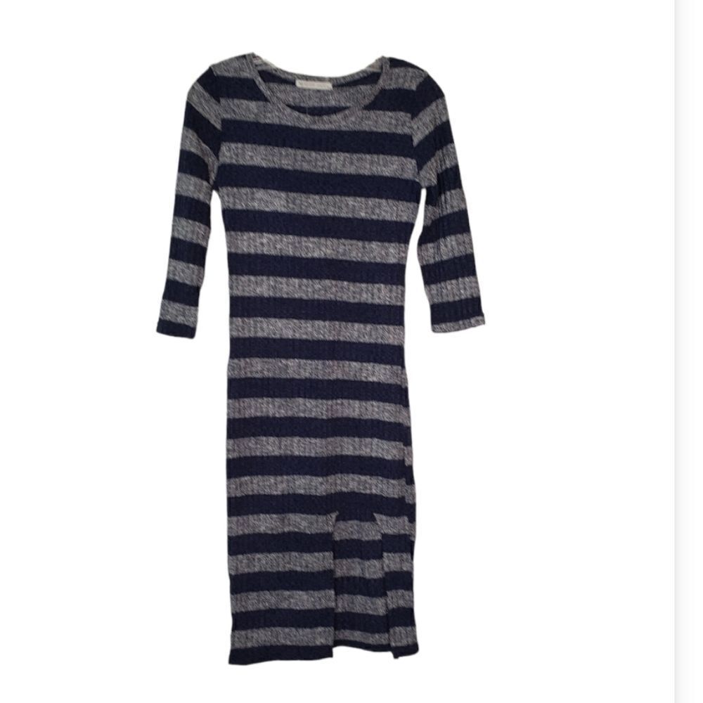 Striped Navy and Gray Knit Midi Dress